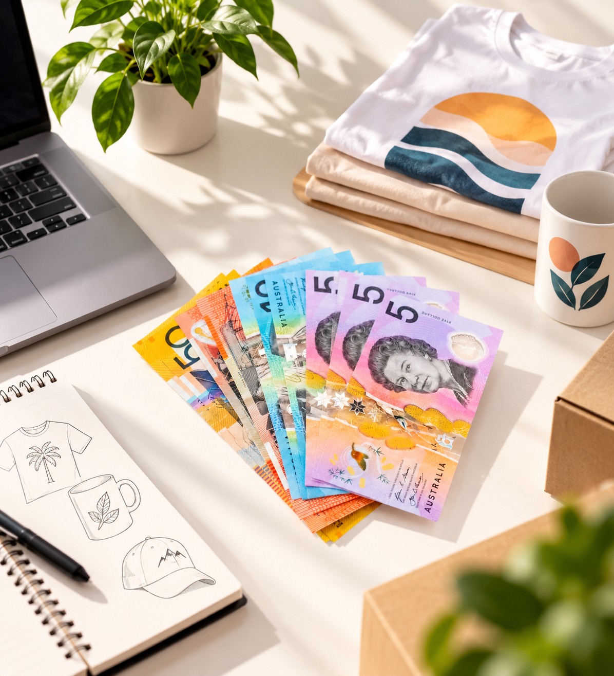 Designer creating print on demand products on a laptop